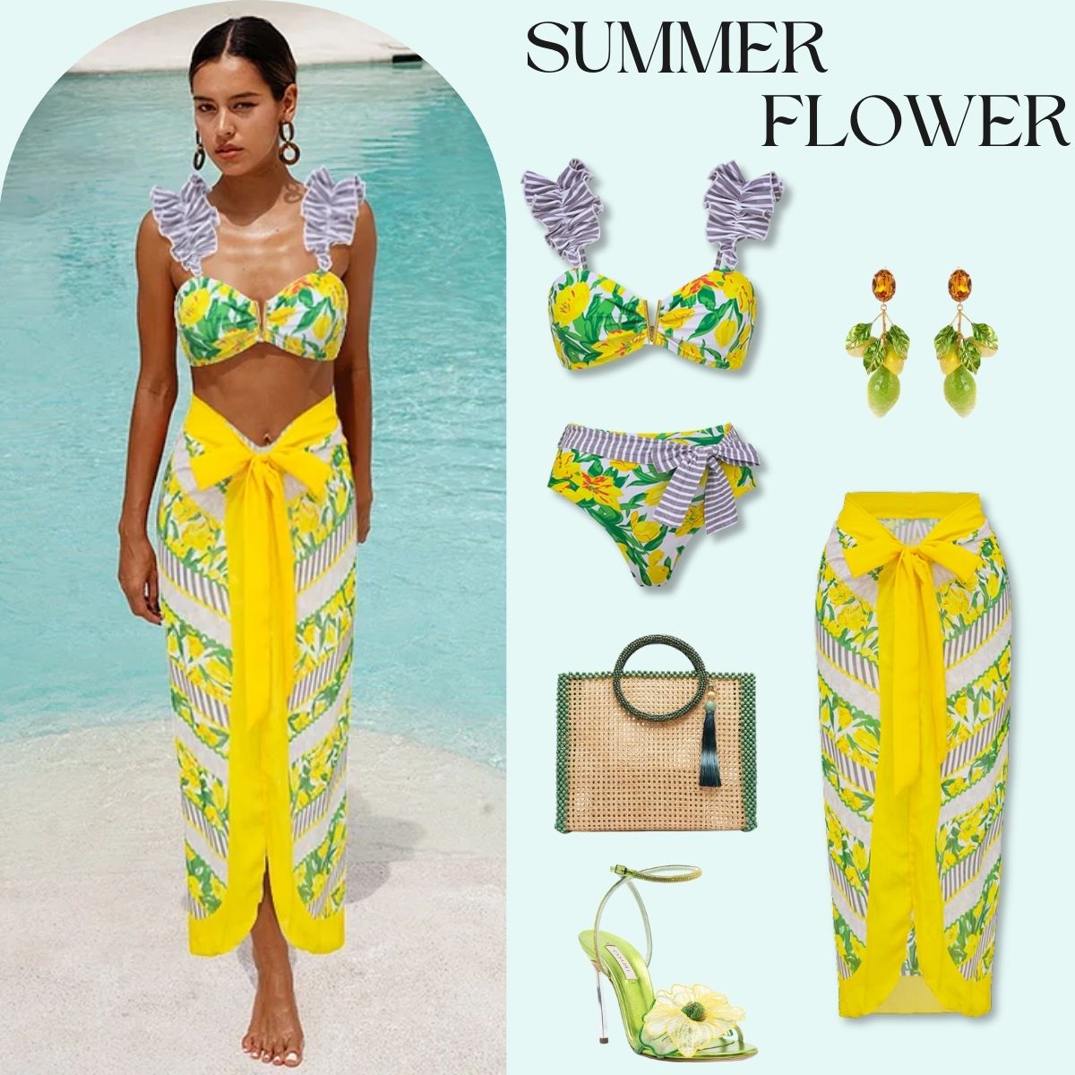 Tie Shoulder Lace Up Splicing Printed High Waist Bikini Swimsuit and Skirt