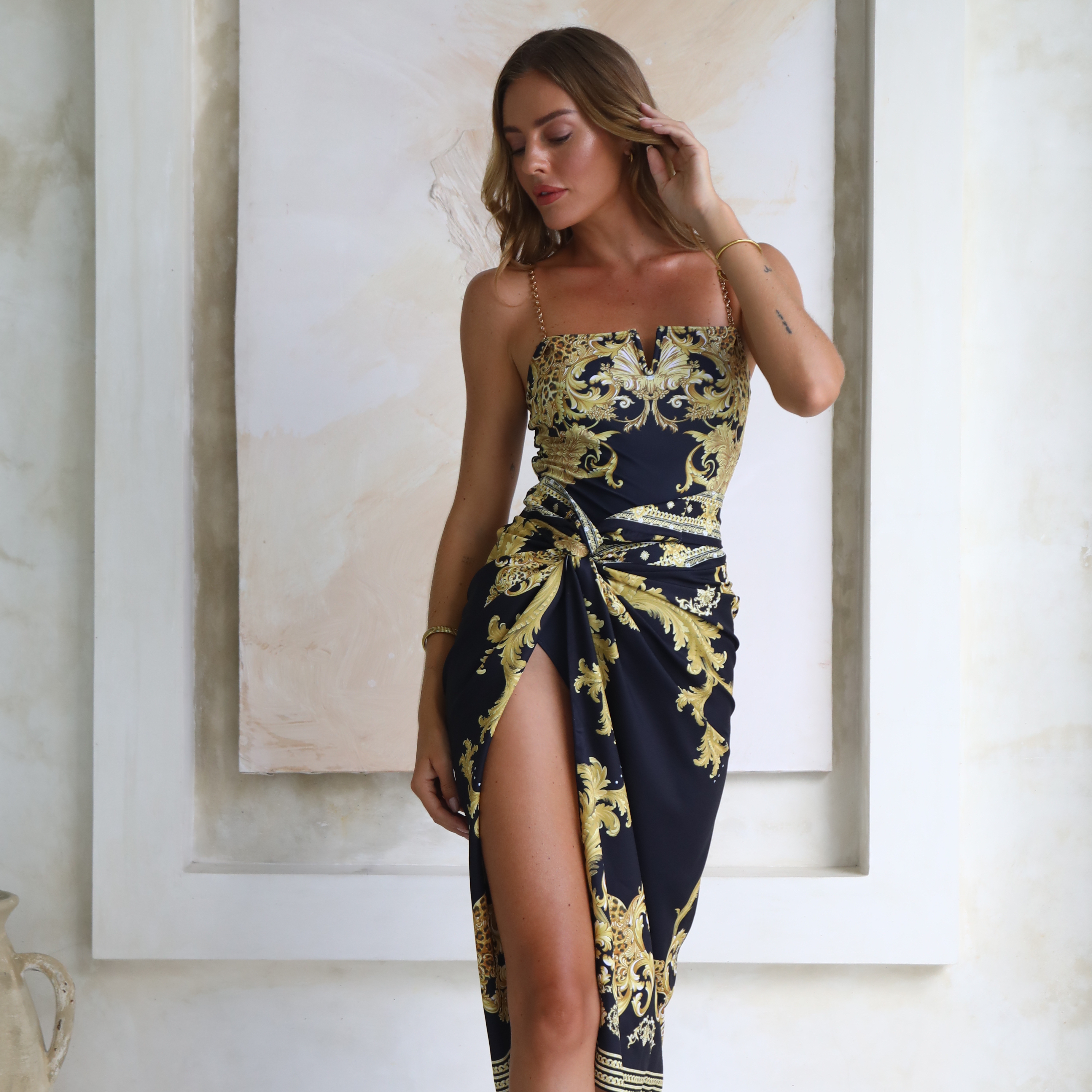 Vintage Black Gold Baroque Print Metal chain small V-neck One Piece Swimsuit and Skirt