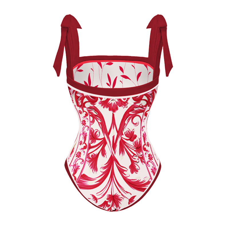 Reversible Tie-shoulder Baroco Style Printed One Piece Swimsuit and Skirt Flaxmaker