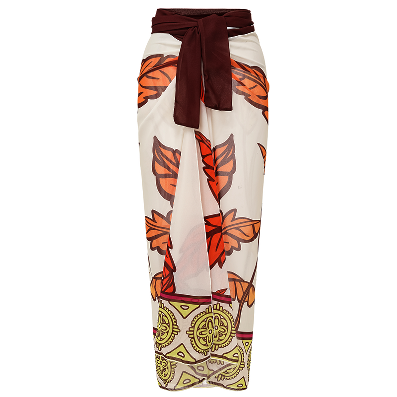 V Neck Ruffle Shoulder Tropical Plant Pattern Printed  One Piece Swimsuit and Sarong Flaxmaker