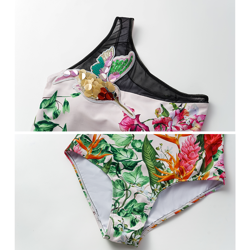 Sequin Embroidered Bird One Shoulder Printed One Piece Swimsuit and Sarong or Skirt Flaxmaker