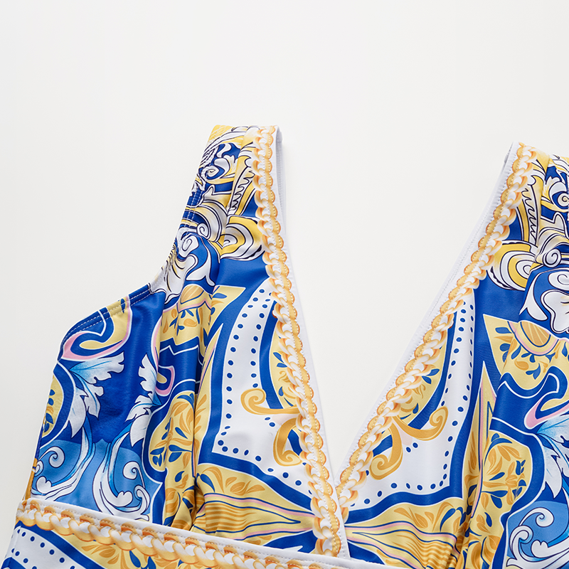 V Neck Pattern Print One Piece Swimsuit and Sarong or Pants
