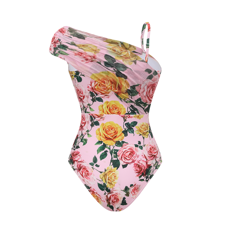 Plus Size Rose One Shoulder One Piece Swimsuit and Skirt