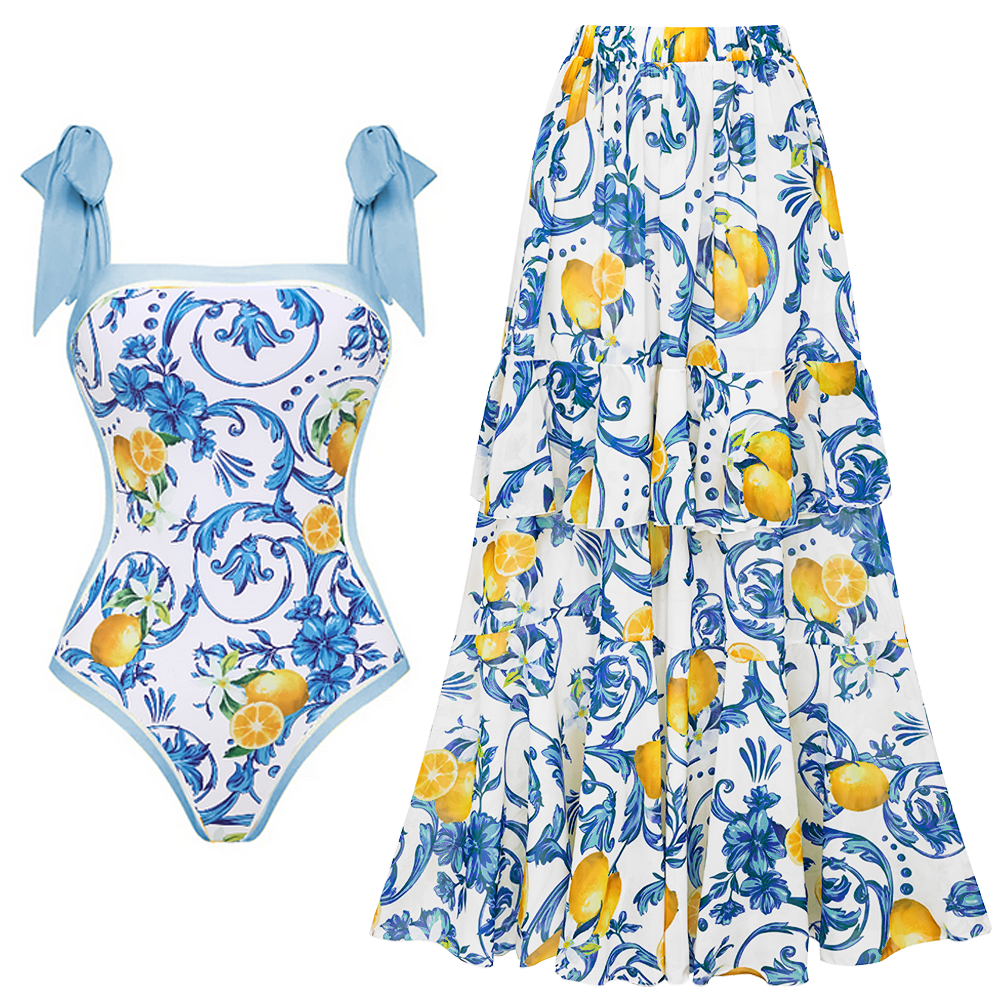 Lemon Print Tie-shoulder One Piece Swimsuit and Sarong or Skirt Flaxmaker