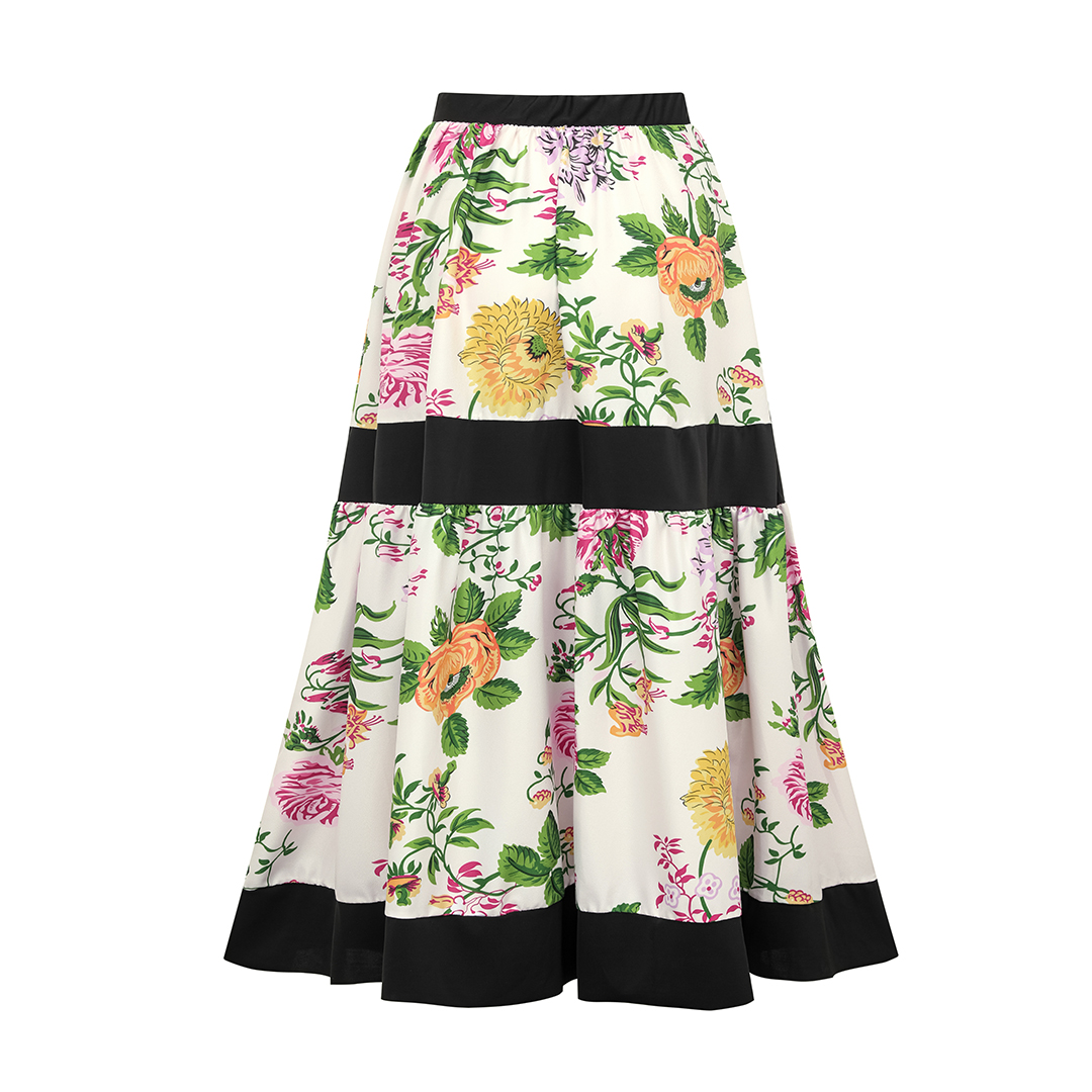 Off Shoulder Back Bow Tie Color Block Printed One Piece Swimsuit and Skirt Flaxmaker