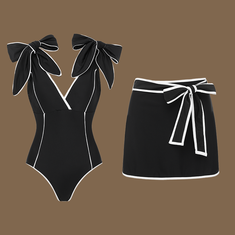 Plus Size Black and White Bowknot Shoulder One Piece Swimsuit and Skirt