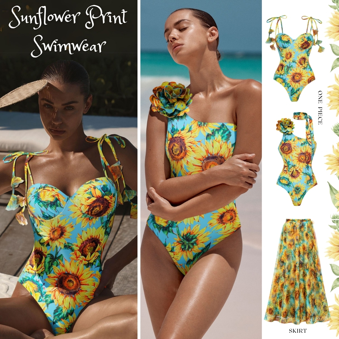 3D Sunflower Print One Shoulder One Piece Swimsuit and Skirt