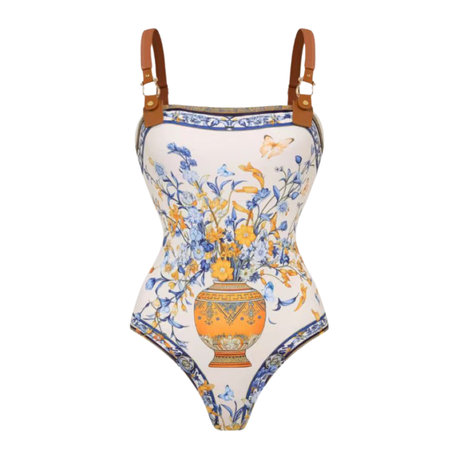 Porcelain Print Leather Straps One Piece Swimsuit and Sarong