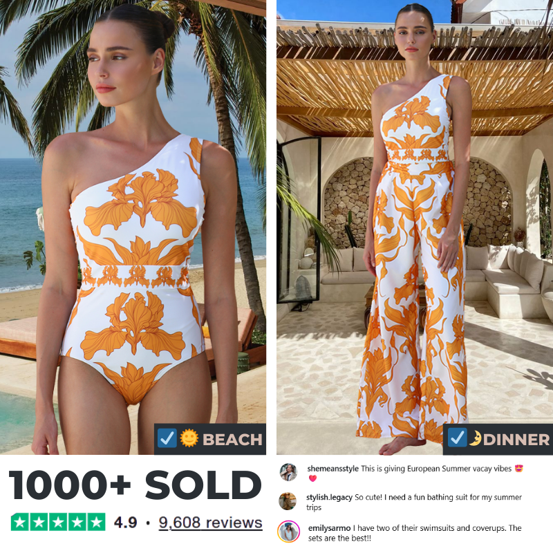 One Shoulder Iris Print One Piece Swimsuit and Pants