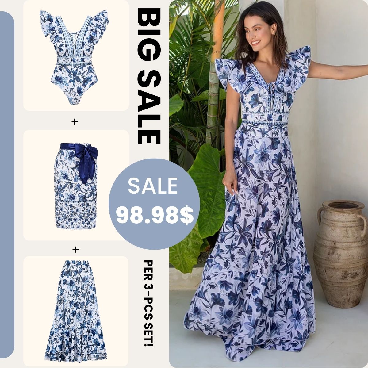 V Neck Ruffle Lace Up Printed One Piece Swimsuit and Skirt