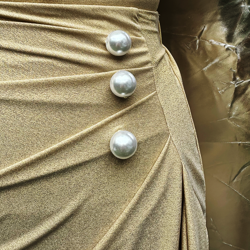 Shiny Fabric Sling Pearl Decor Light Golden One Piece Swimsuit and Skirt