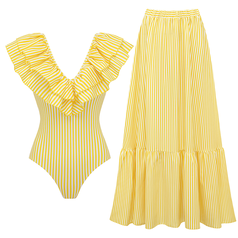 V Neck Ruffle Striped Print One Piece Swimsuit and Skirt