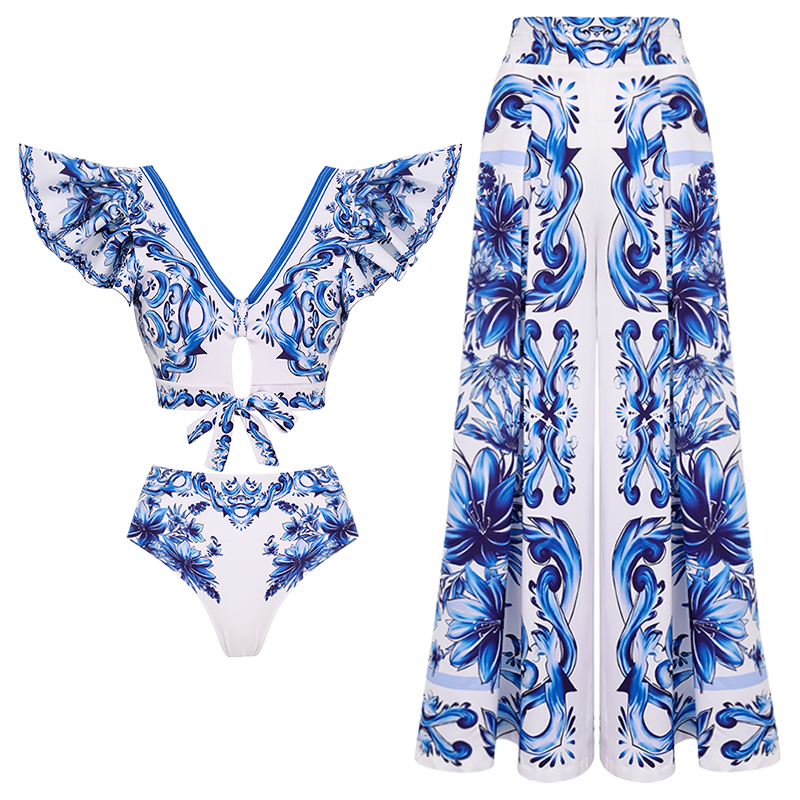 Ruffle V Neck Blue Majolica Print High Waist Bikini Swimsuit and Skirt or Pants