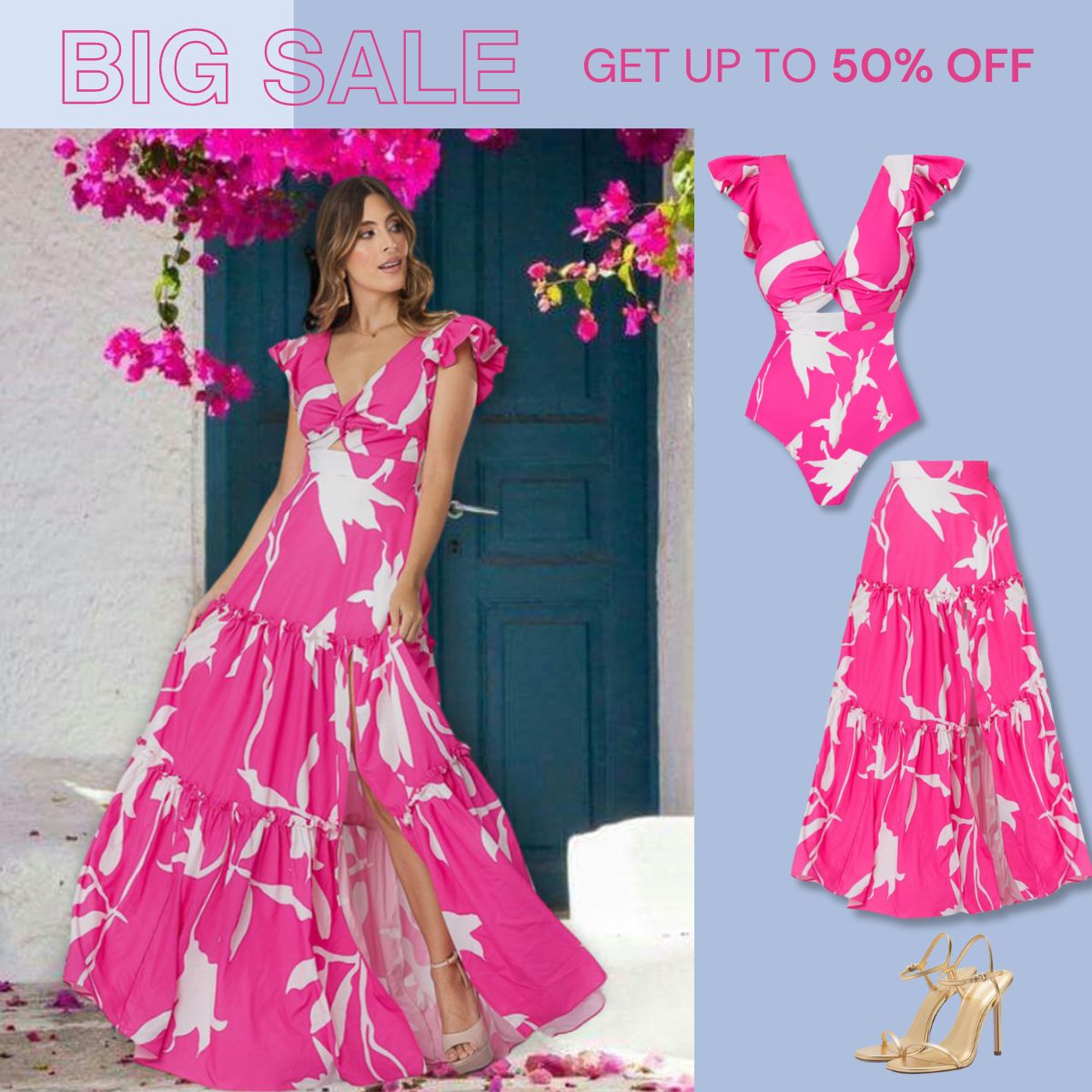 V Neck Ruffle Printed One Piece Swimsuit and Skirt