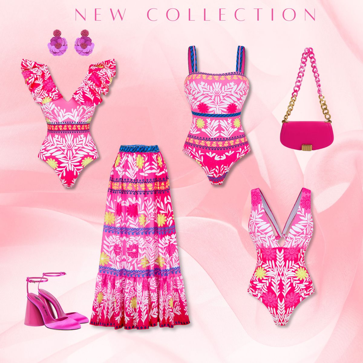 V Neck Ruffle Printed One Piece Swimsuit and Skirt