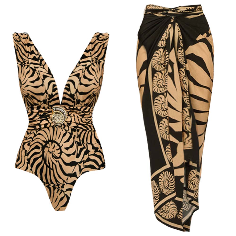 V-Neck Marine Thread One Piece Swimsuit and Sarong