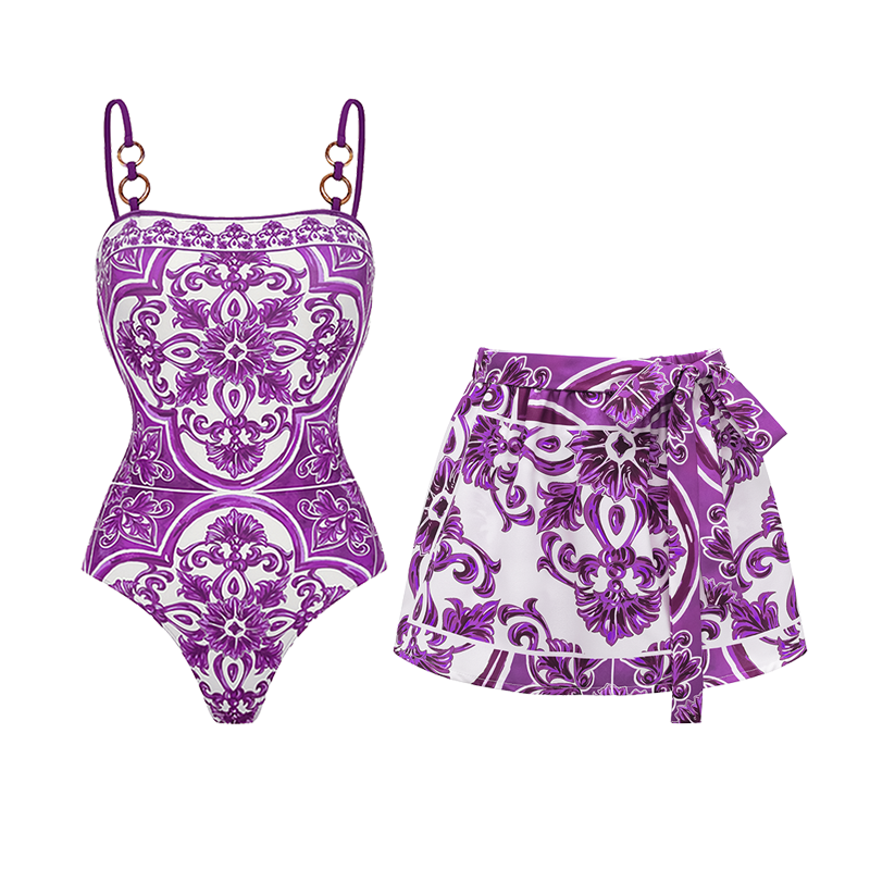 Sling Classic Majolica Series Pattern Print One Piece Swimsuit and Skirt or Shorts