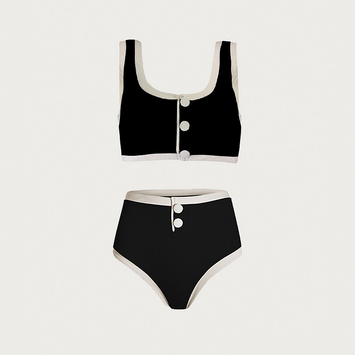 Button Detail Black and White High Waist Bikini Swimsuit Flaxmaker
