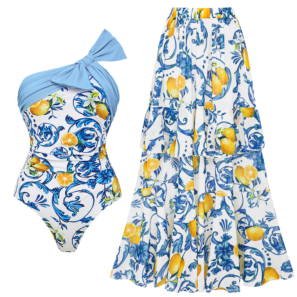Lemon Print One Shoulder One Piece Swimsuit and Sarong or Skirt Flaxmaker