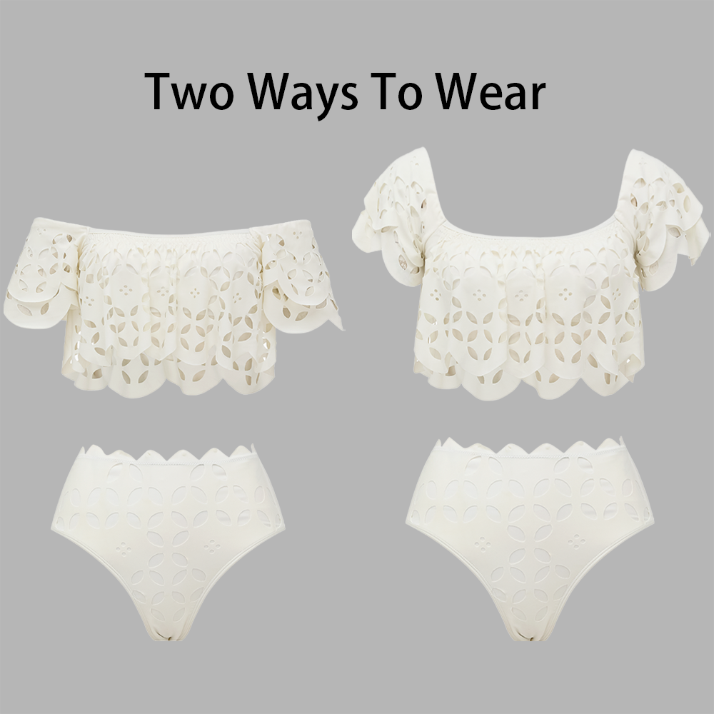 White Laser Hollowing Bikini Swimsuit and Skirt