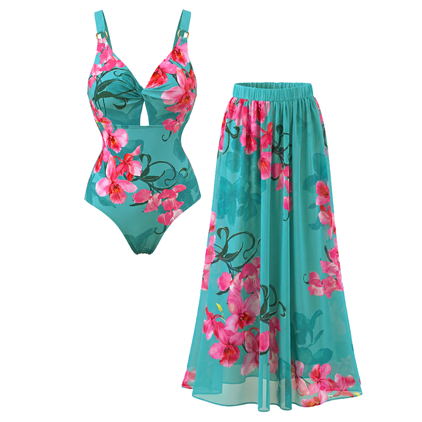 [Copy]V Neck Bead Accents Blue-Pink-Orange Ombre Flower Print Swimsuit Set(s)