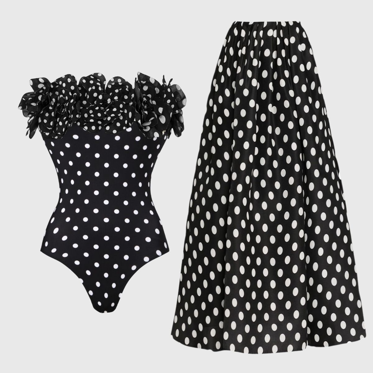 Bandeau Polka Dot Print One Piece Swimsuit and Skirt