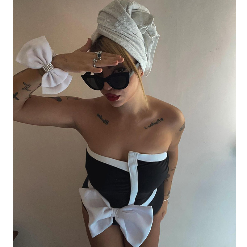 Off Shoulder Bow Tie One Piece Swimsuit and Skirt Flaxmaker