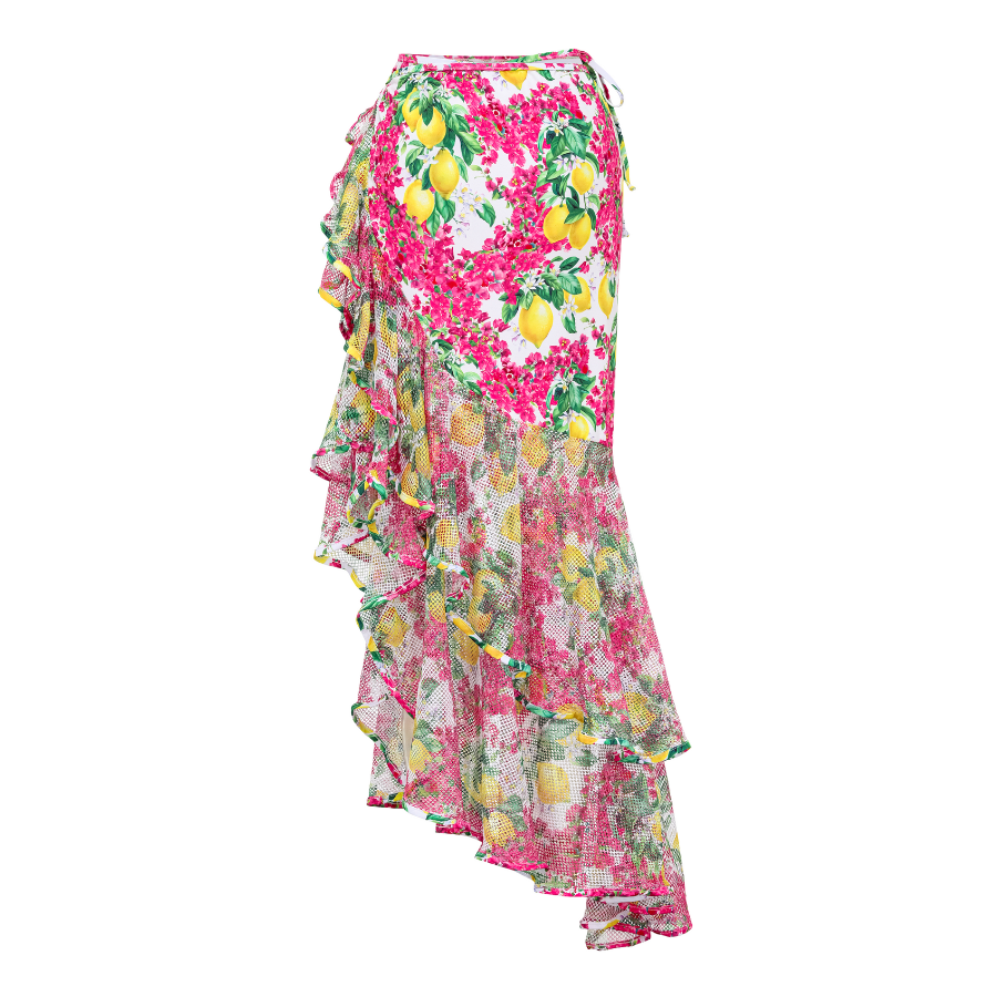 Bandeau Ruffled Lemon Floral Print One Piece Swimsuit and Mesh Splicing Sarong