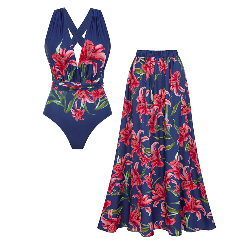 V Neck Iris Print Various Ways To Wear Swimsuit Set(s)