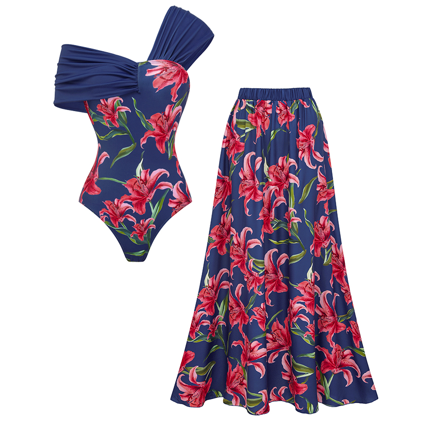 Color Bolck Blue Iris Print Swimsuit Set(s)