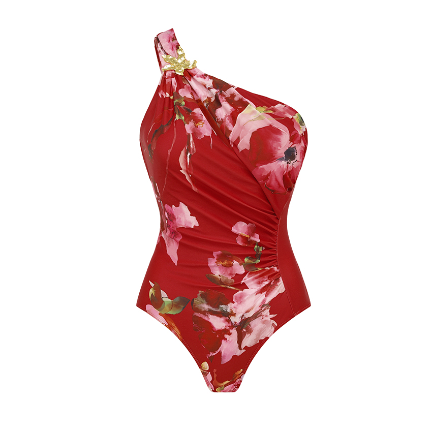 One Shoulder Cut Out Floral Decoration Print Swimsuit Set(s)