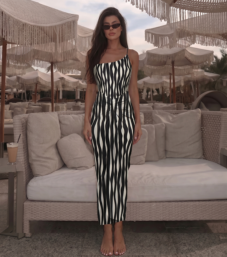 One Shoulder Black Stripe Print Swimsuit Set(s)