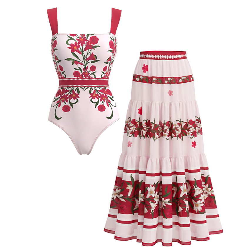  Wine Red Floral Print Swimsuit Set(s)