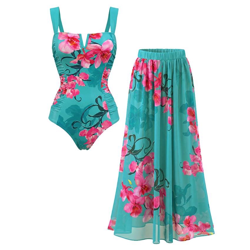 [Copy]Blue-Pink-Orange Ombre Floral Two-Piece Print Swimsuit Set(s)