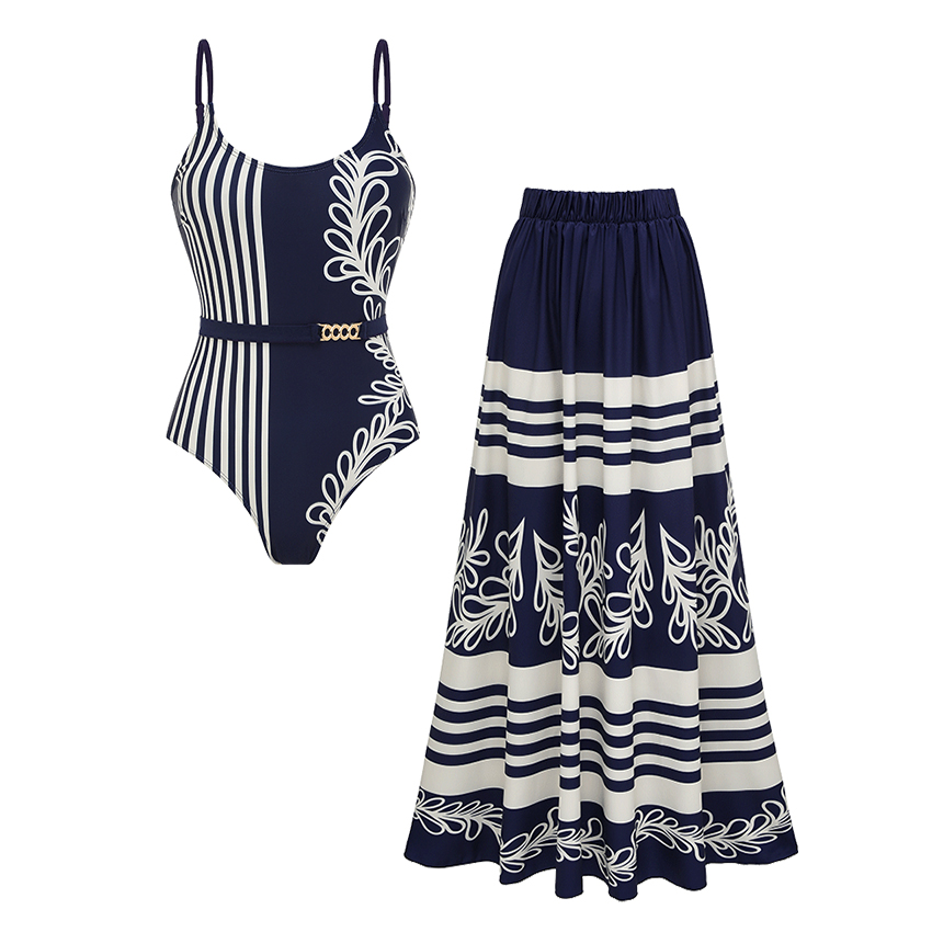 Adjustable Shoulder Straps Printed Navy Blue Swimsuit Set(s)