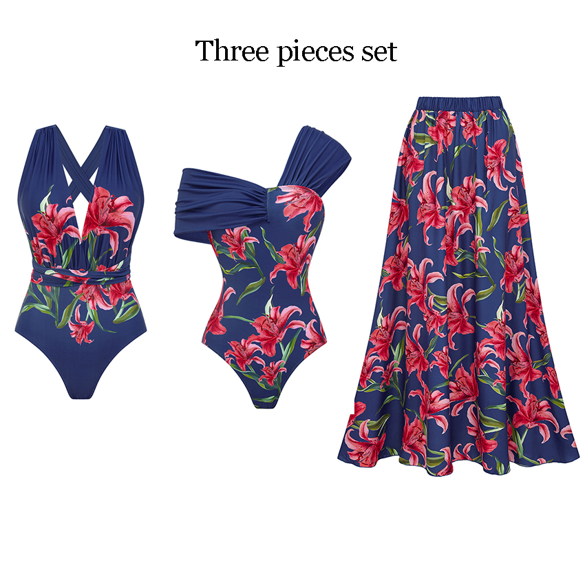 Color Bolck Blue Iris Print Swimsuit Set(s)