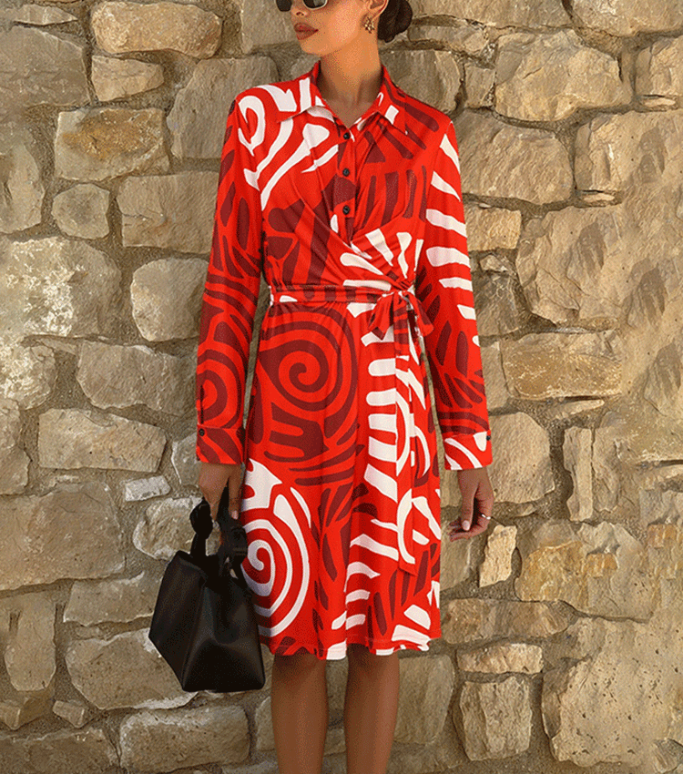 Red Retro Print Wrap Dress