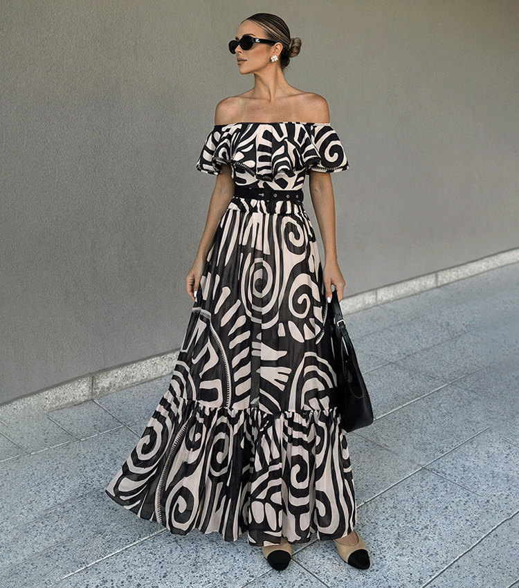 Off Shoulder Black Retro Printed Swimsuit Set(s)