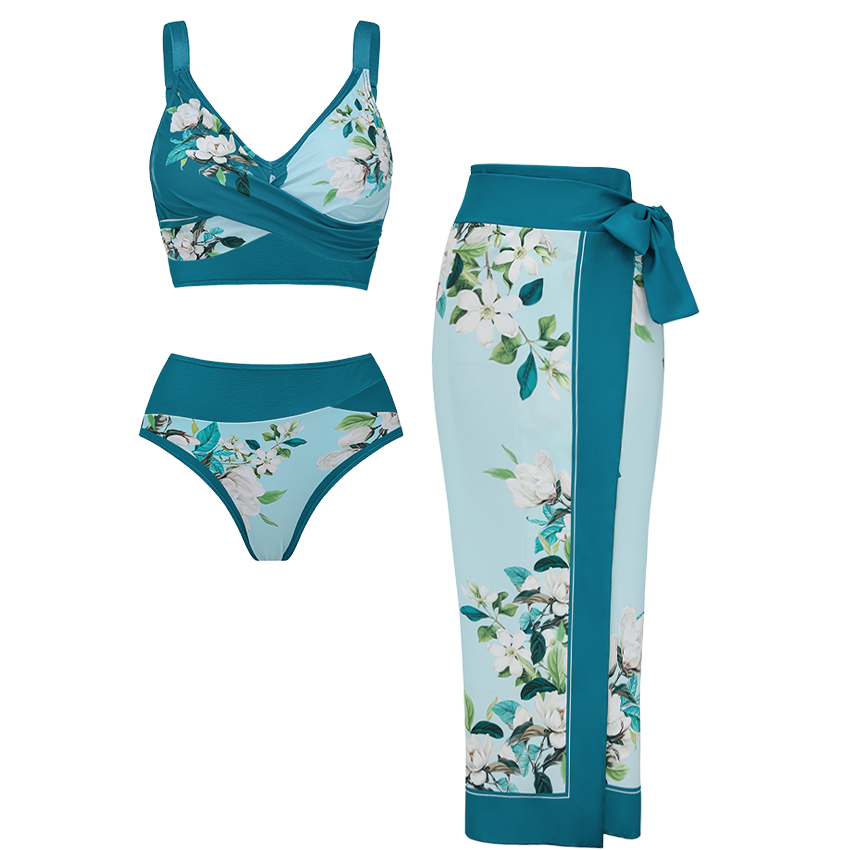 Light Cyan & Teal Two-Piece Flower Print Swimsuit Set(s)