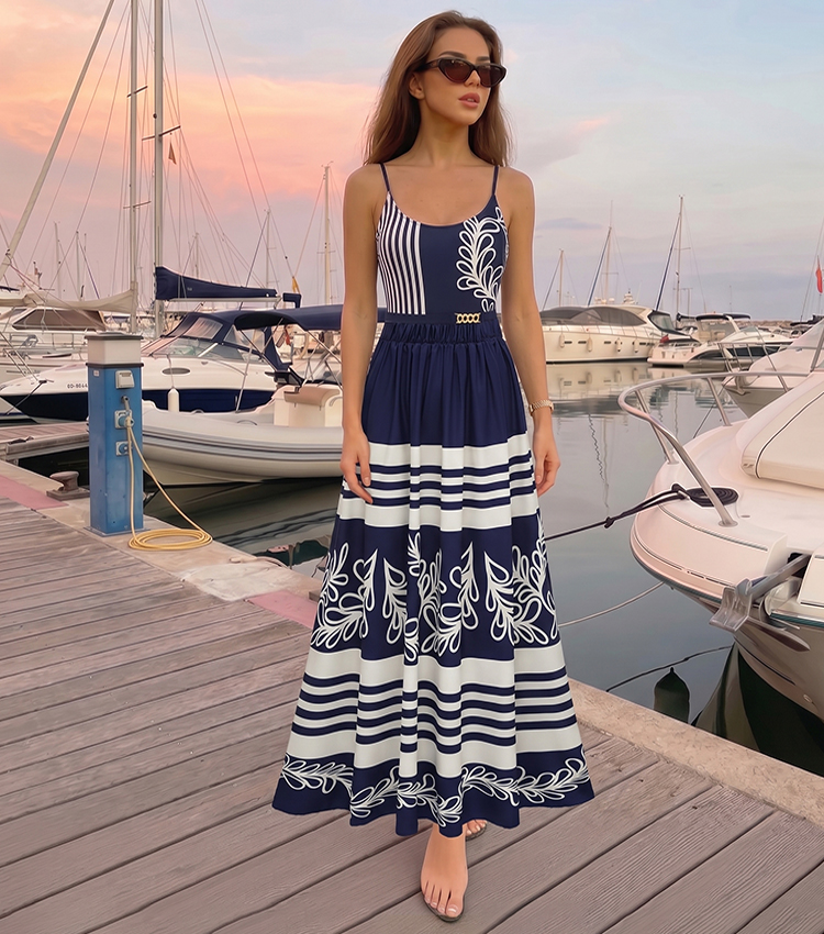 Adjustable Shoulder Straps Printed Navy Blue Swimsuit Set(s)