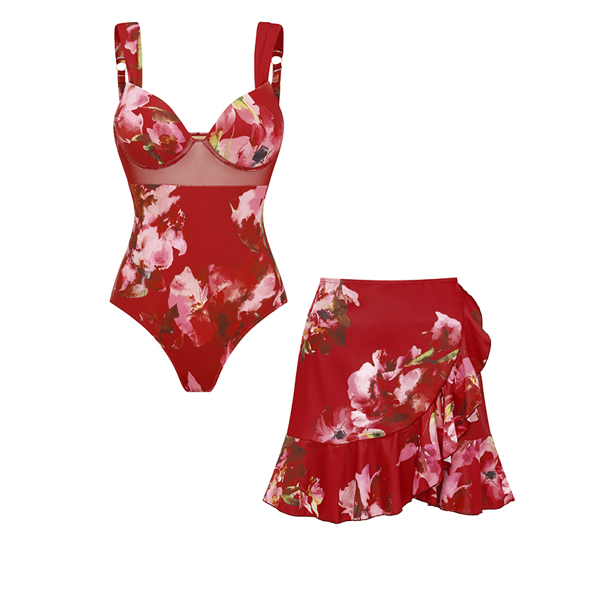 Sling Mesh Paneling Flower Print Red Swimsuit Set(s)