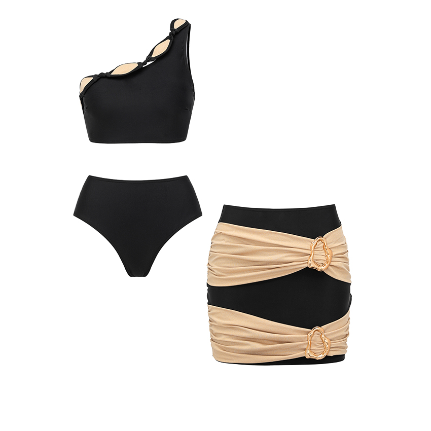Black Rhombus-patterned Trim Bikini Swimsuit Set(s)