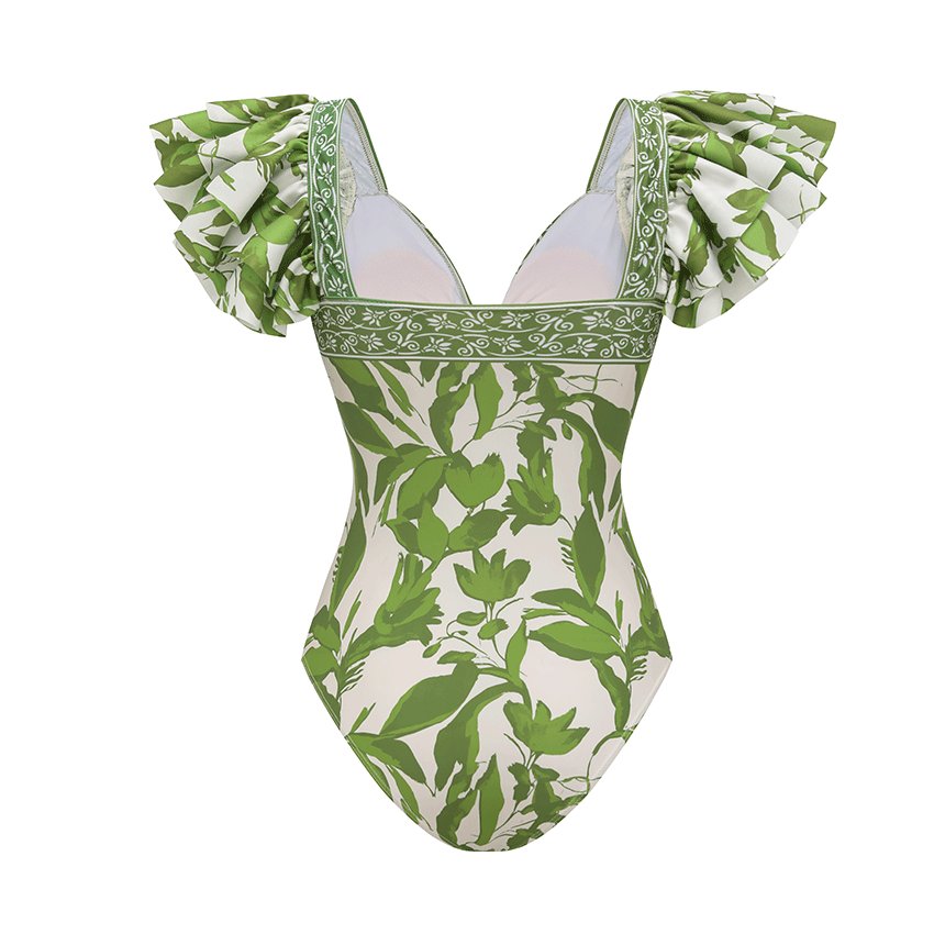 Ruffle V Neck Green Print Cut Out Swimsuit Set(s)
