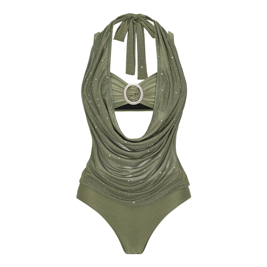 Dark Olive Green Rhinestones Swimsuit Set(s)