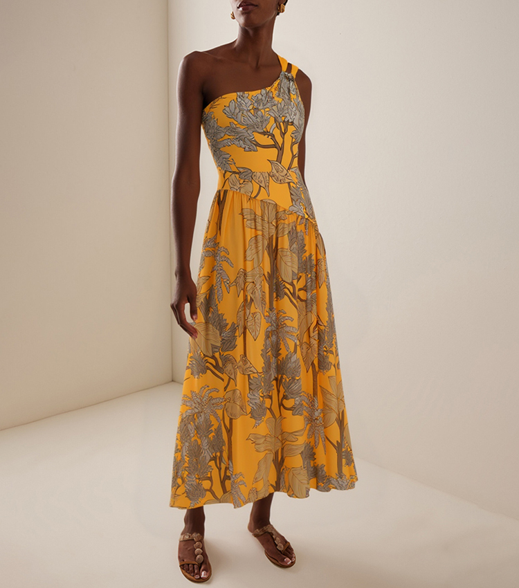 One Shoulder Yellow Printed Swimsuit Set(s)