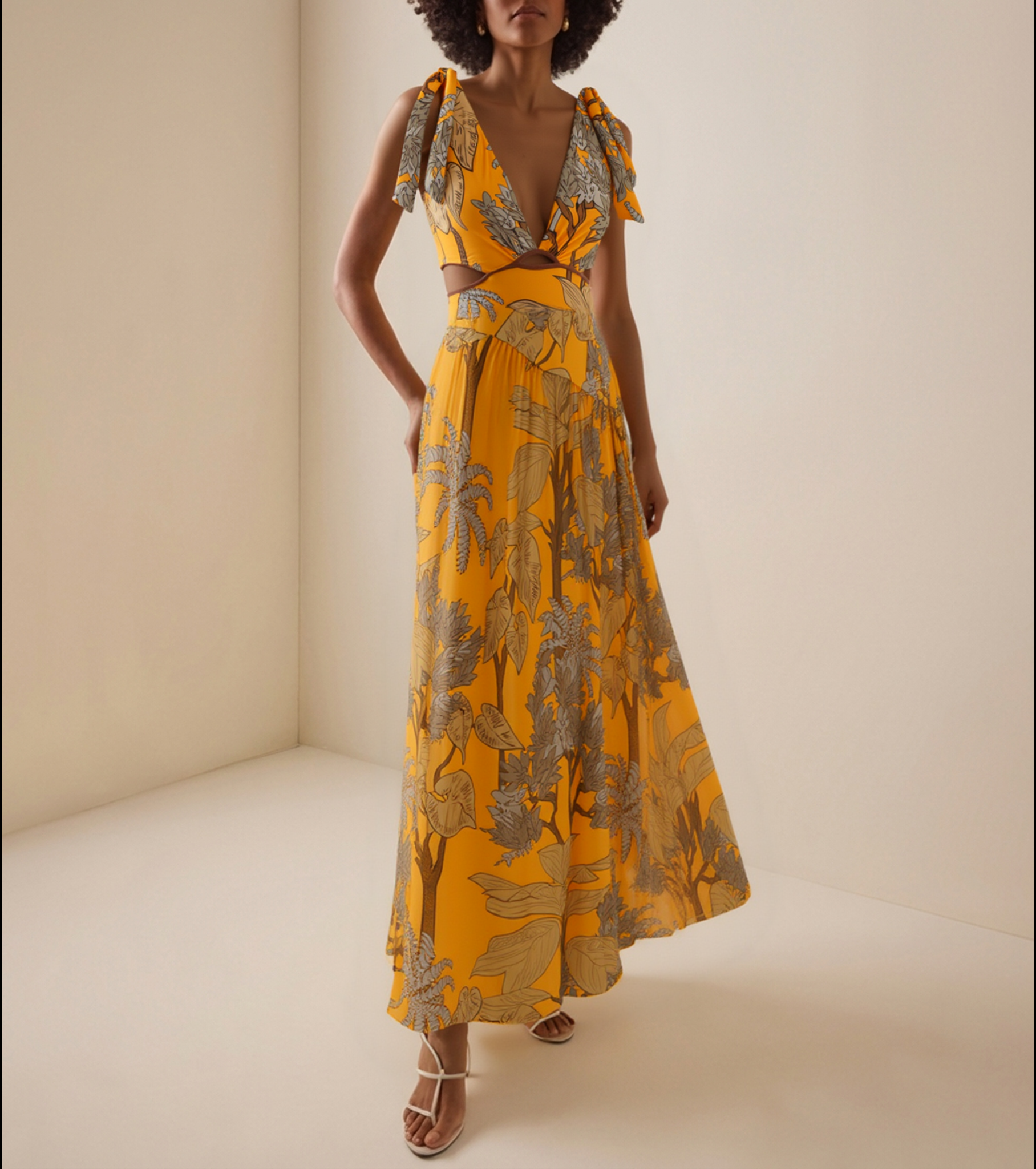 Tie Shoulder Yellow Cut Out Printed Swimsuit Set(s)