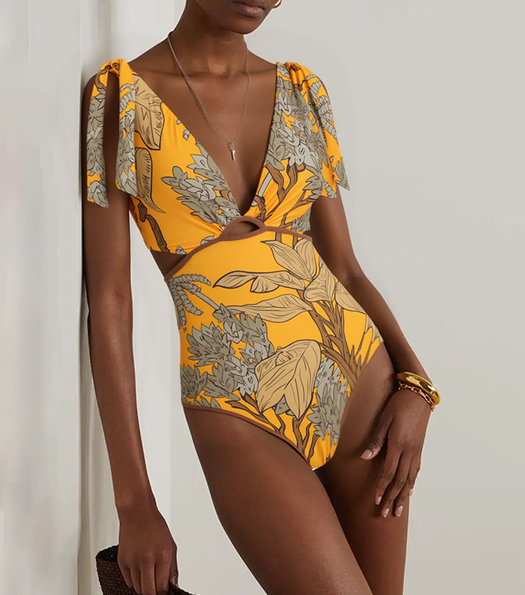 Tie Shoulder Yellow Cut Out Printed Swimsuit Set(s)