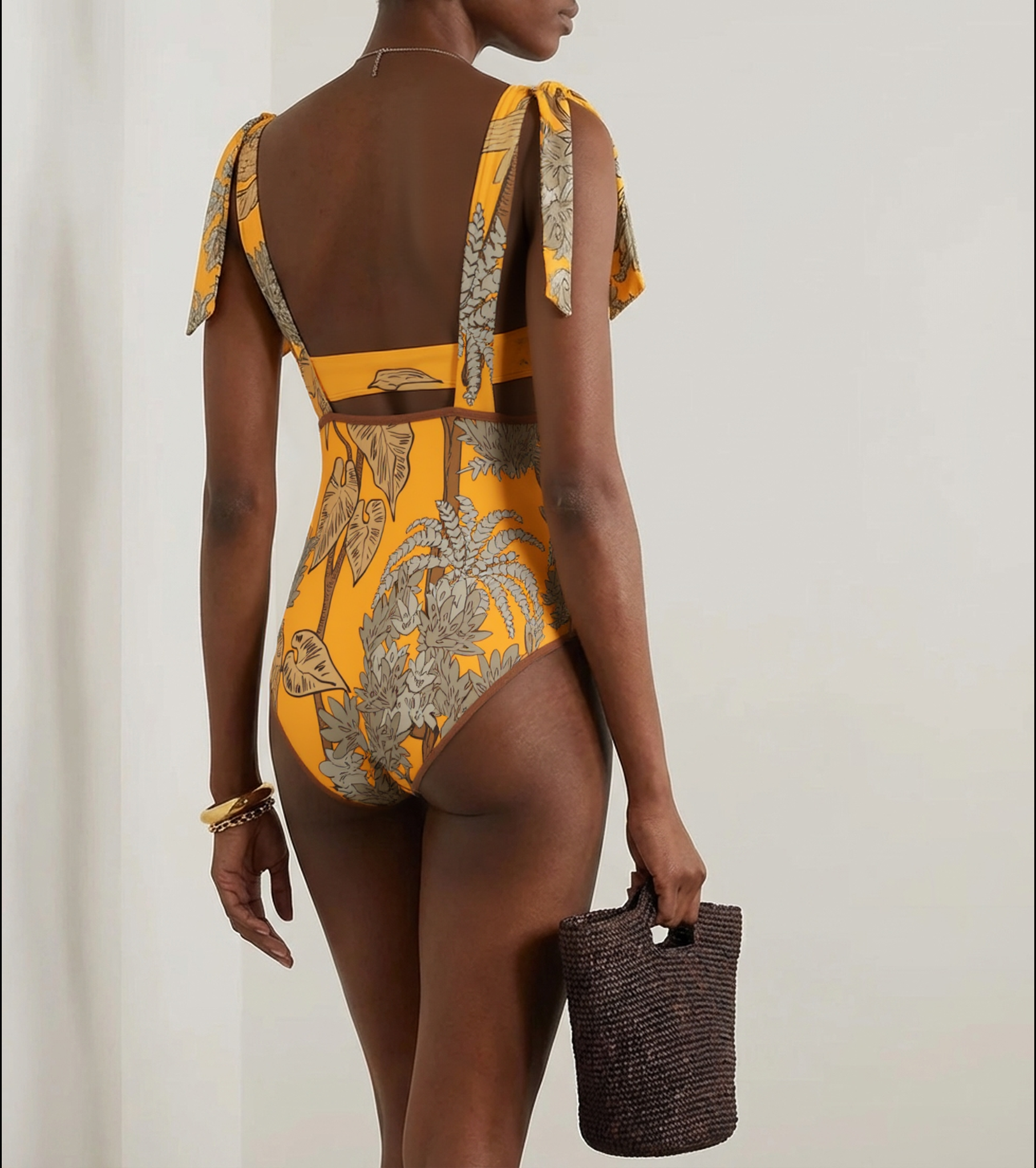 Tie Shoulder Yellow Cut Out Printed Swimsuit Set(s)