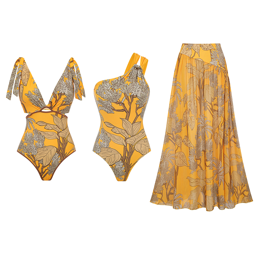 Tie Shoulder Yellow Cut Out Printed Swimsuit Set(s)