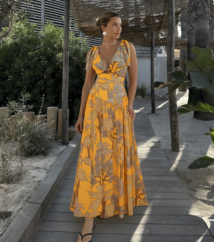 Tie Shoulder Yellow Cut Out Printed Swimsuit Set(s)